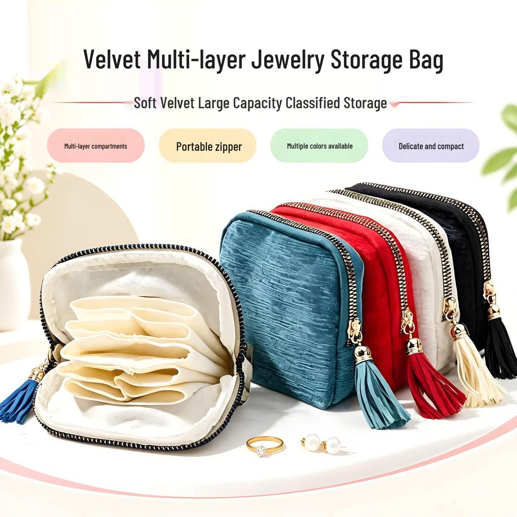 Velvet Multi-layer Jewelry Organizer: Portable Travel Storage for Rings, Necklaces, Earrings - Dustproof and Compact.