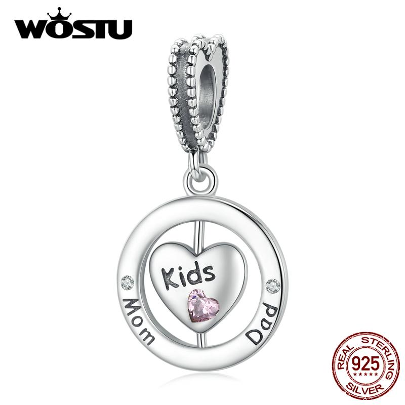 

WOSTU оригинальные розовые циркониевые семейные двойные кольца из стерлингового серебра 925 пробы, подвесные бусины, подходят для браслета, ювелирные украшения 925 silver