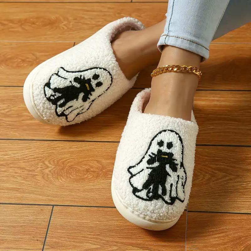 Fashion Women Black Cat Slippers Men Cartoon Home Black Dog Floor Sandals Couples Indoor Slippers Adults Warm Non-slip Shoes Halloween