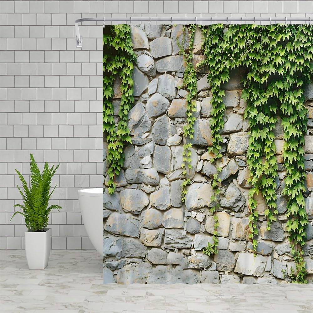 Stone Wall Shower Curtains Spring Green Leaves Vine Plant Rustic Farm House Polyester Fabric Bathroom Decor Bath Curtain Sets