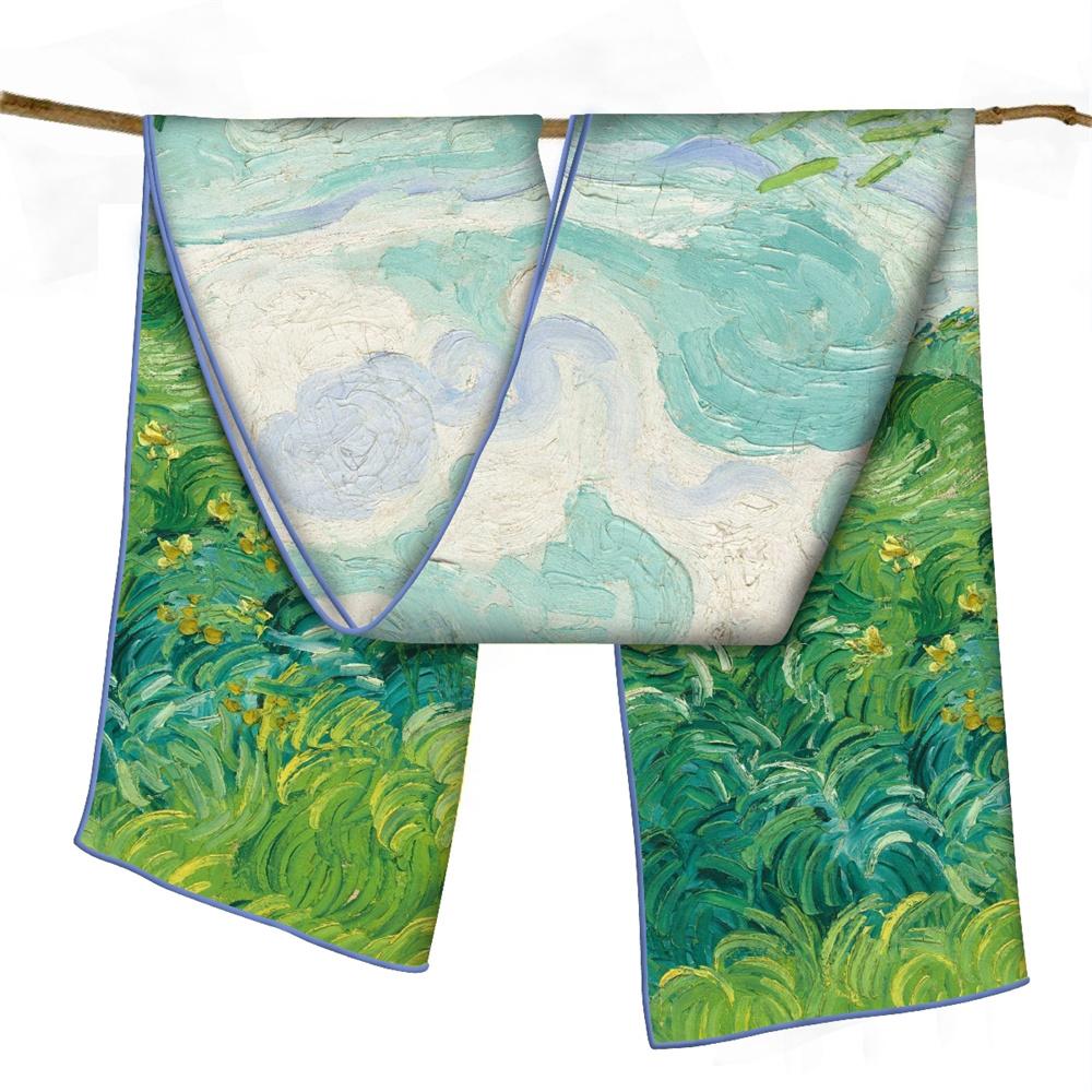 POBING Twill Silk Scarf Women Poncho Hand Rolled Luxury Oil Painting Long Scarves Wraps Bandana Big Shawl Hijabs Female Foulard