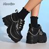 Mode Gothic Punk Klobige Sneaker für Damen PU Schwarz Kettendekor Plateau Freizeitschuhe Frau Dicke Sohle Rutschfeste Sneaker Größe 35-42