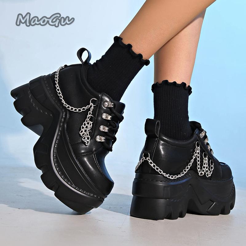 Fashion Gothic Punk Chunky Sneakers for Women PU Black Chain Decor Platform Casual Shoes Woman Thick Sole Non Slip Sneakers Size 35-42