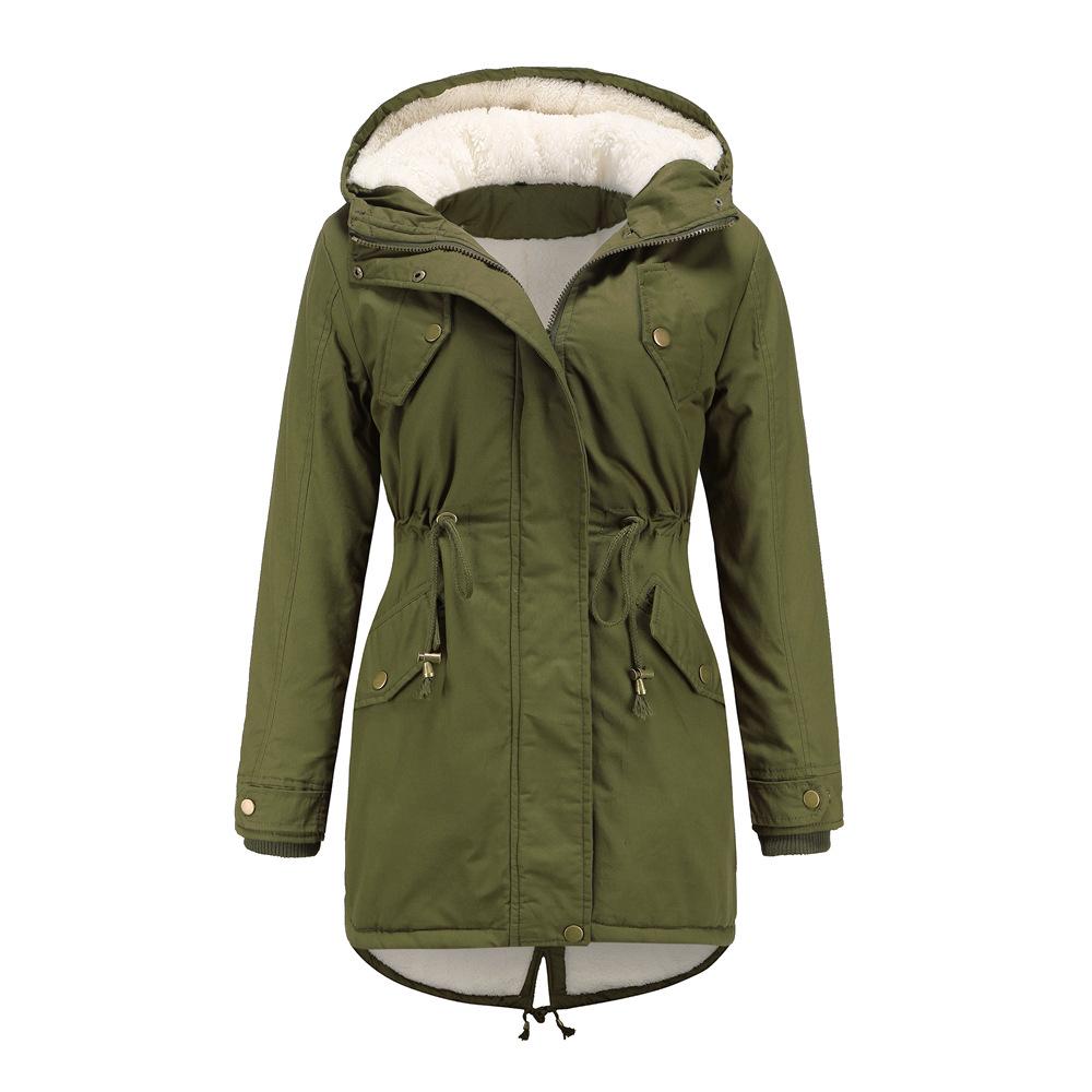 European Size Autumn and Winter New Women s Cotton Coat Women s Solid Color Hooded Parka Coat Thick Cotton Coat Fleece-lined Cotton Coat S зелёный