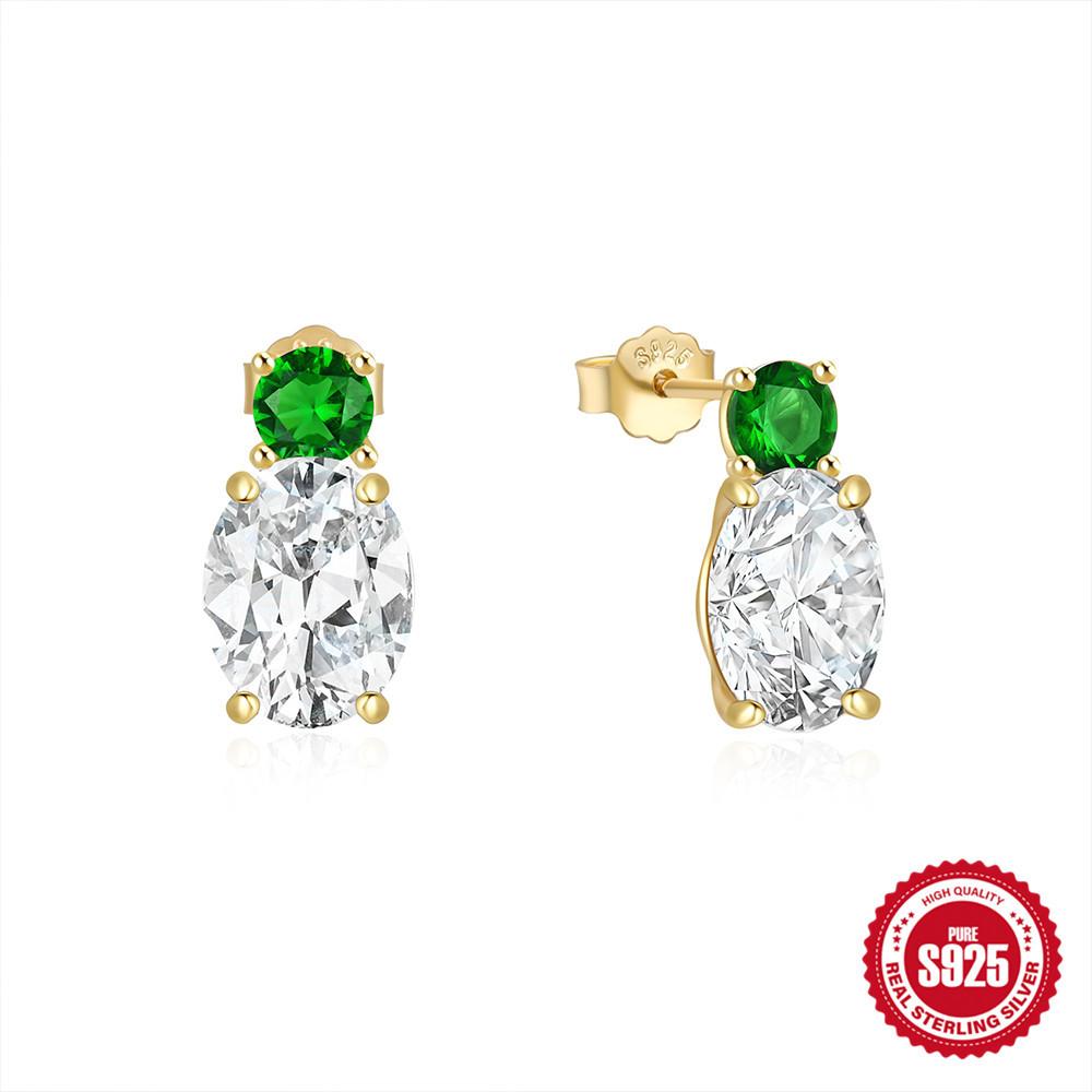 S925 Sterling Silver Simple Fashion Atmosphere High Retro Sense Sapphire Emerald Stud Earrings Earrings Earrings Ear Buckle Ear