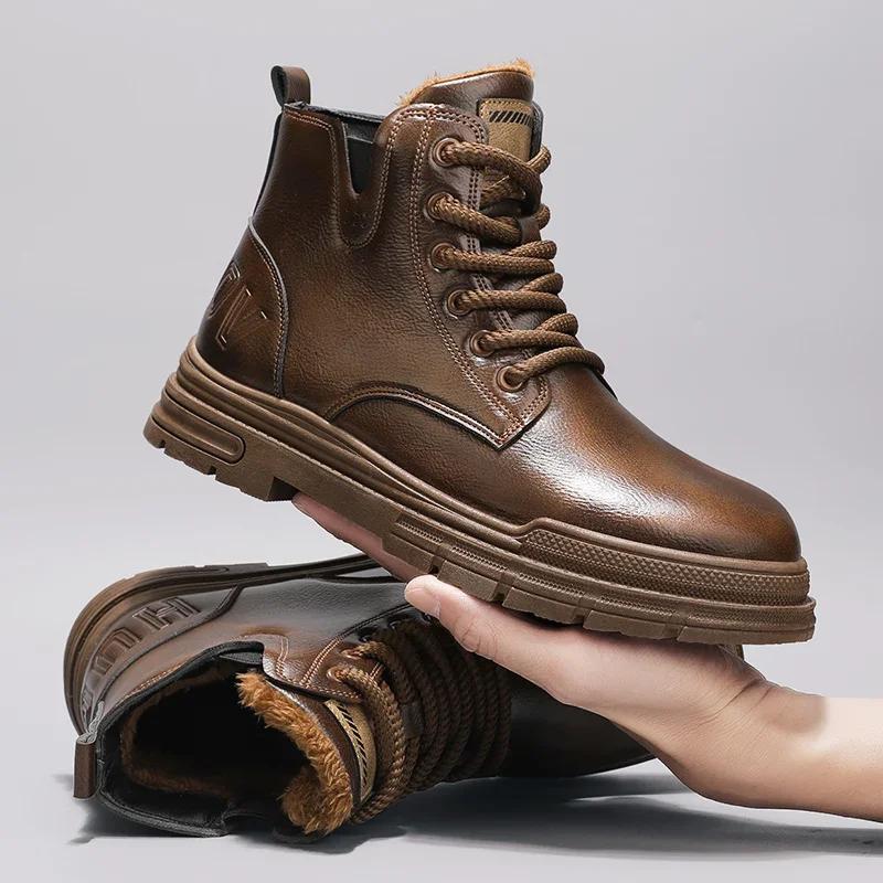 

Мужские байкерские ботинки модные универсальные кожаные повседневные высокие ботинки в британском стиле сохраняют тепло популярные мотоциклетные ботинки на шнуровке водонепроницаемые 44 коричневый
