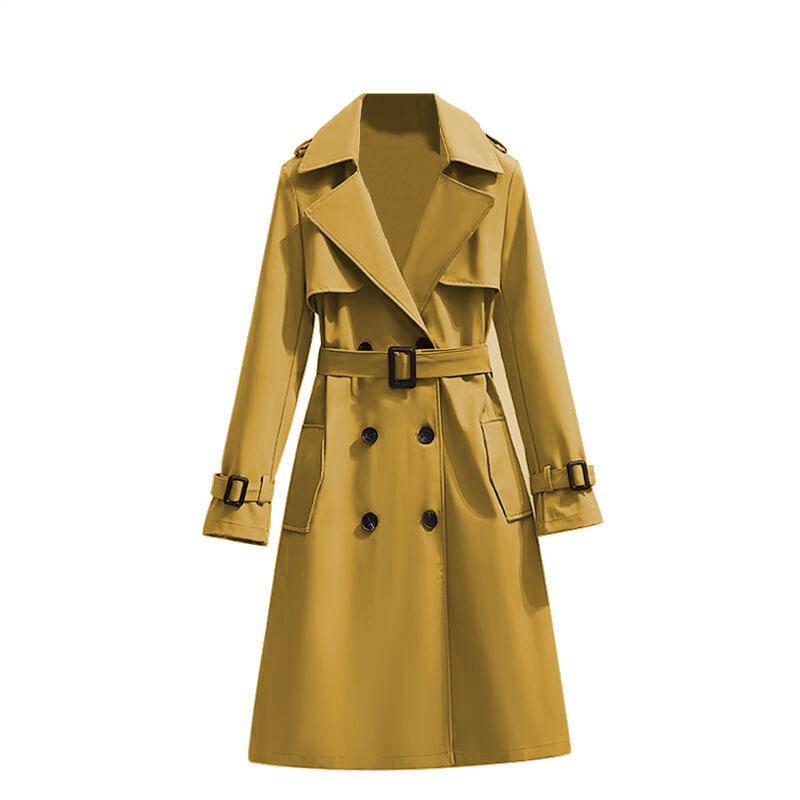Women's Double Breasted Long Trench Coat with Tie Belt and Cuff Straps