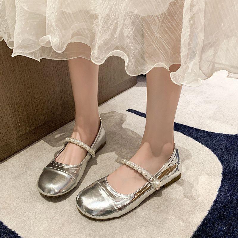 Mary Jane Shoes for Women Round Toe Woman Flats Silver Pearl Wholesale Spring High Quality Fashion 39 Low Price Summer 2025 Y2k