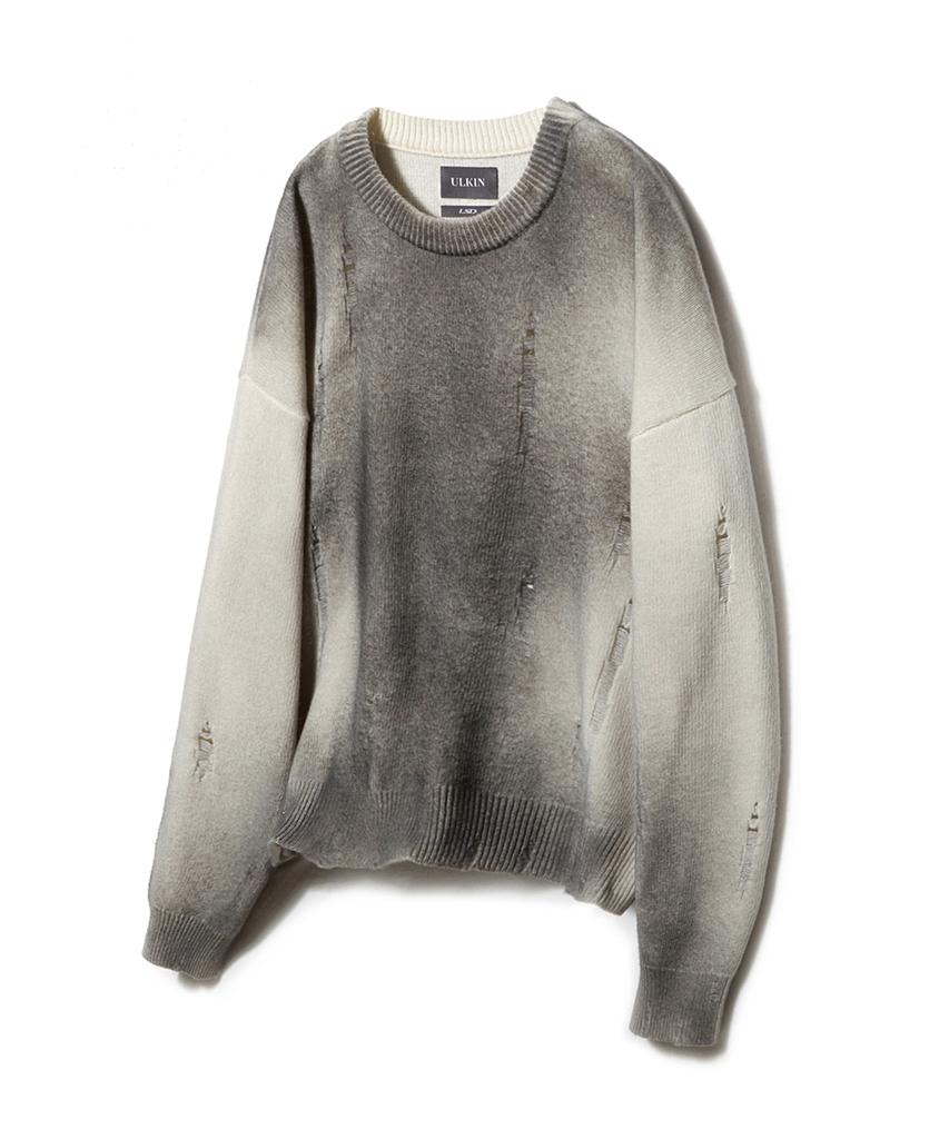 ULKIN [Runway] Spray Damage Round Neck Knit_Gray