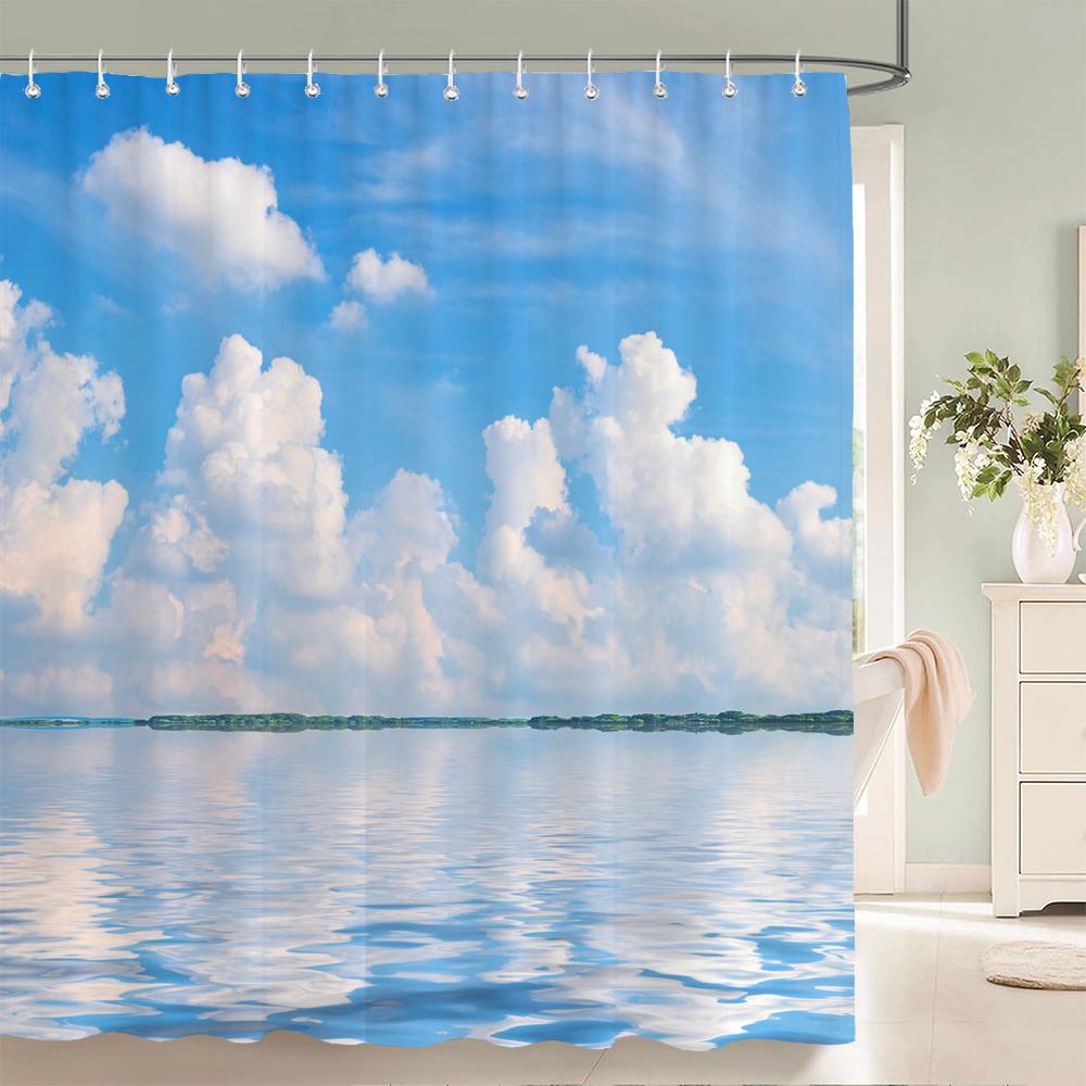 Tenda da Doccia 180x180cm Cielo Azzurro Nuvole Soleggiato Paesaggio Naturale Stampa 3D con Ganci Tessuto Impermeabile Tende per Bagno Casa