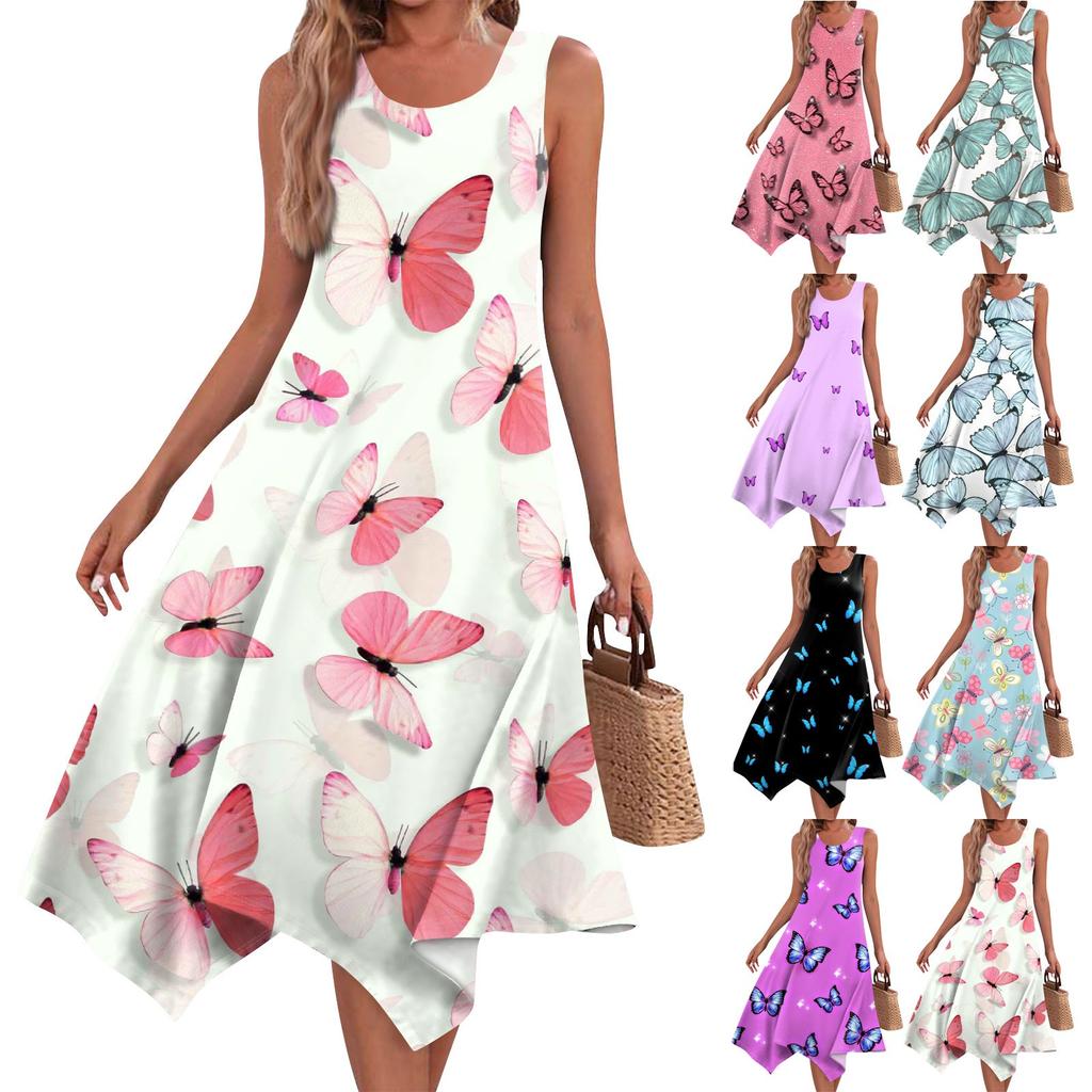 Lässiges, modisches Damen-Midikleid mit Rundhalsausschnitt, ärmellosem Aufdruck und unregelmäßigem Saum