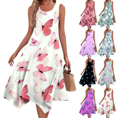 Women's Casual Fashion Round Neck Sleeveless Print Irregular Hem Midi Dress