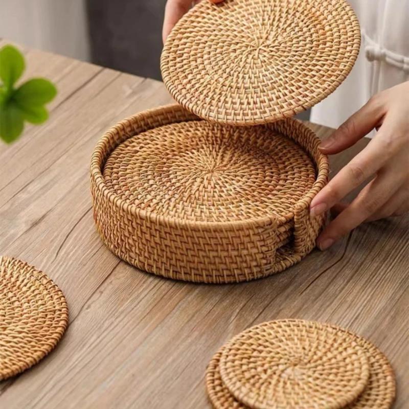 1Pc PVine Woven Coasters, Tea Mats, Cup Holders, Iron Pots, Heat-resistant Tea Cups, Plates, Circular Pot Mats