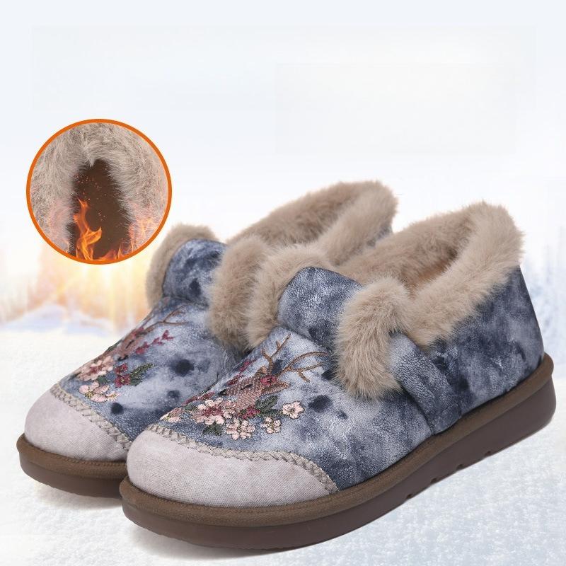 Cotton Shoes Women Winter Casual Peplum Cotton Boots Fashion Embroidered Snow Boots Padded Thickened Moms Shoes Outdoor Hiking Cold Winter Shoes