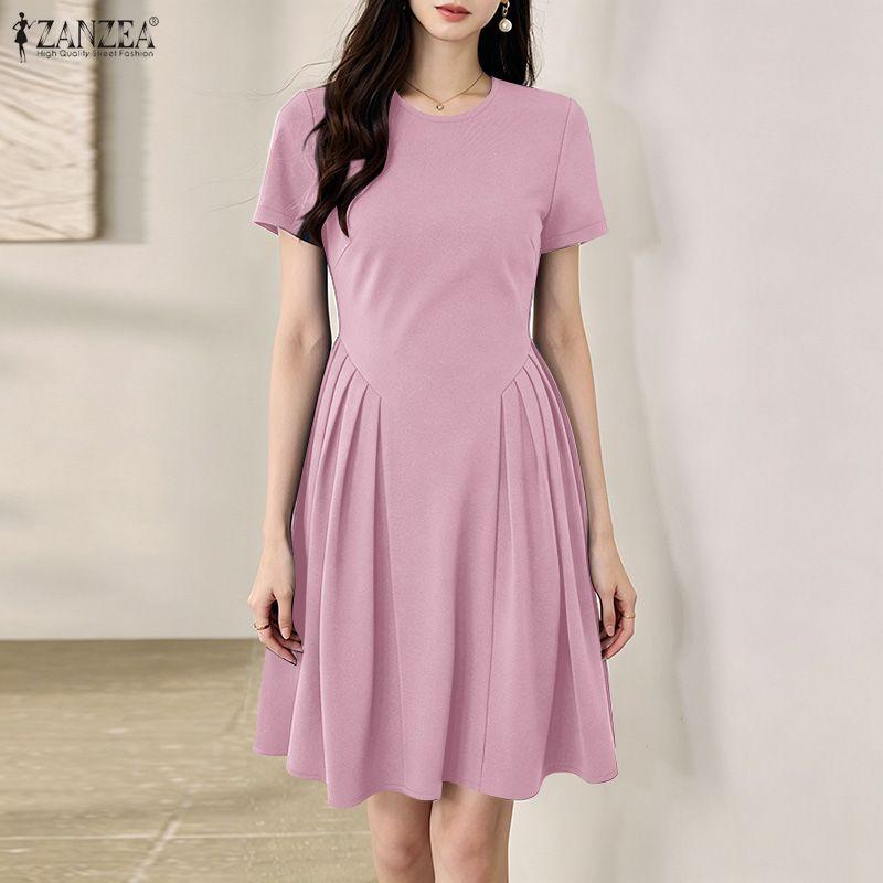 ZANZEA Women Casual Round Neck Solid Color Short Sleeve Dress