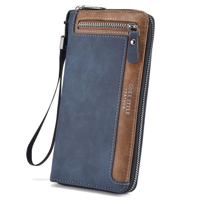 Portafoglio da Uomo Retro Lungo Grande Capacità Pelle Nabuk Fermasoldi Multi Posizione per Carte Borsa con Cerniera Borsa per ID Portamonete Multifunzionale