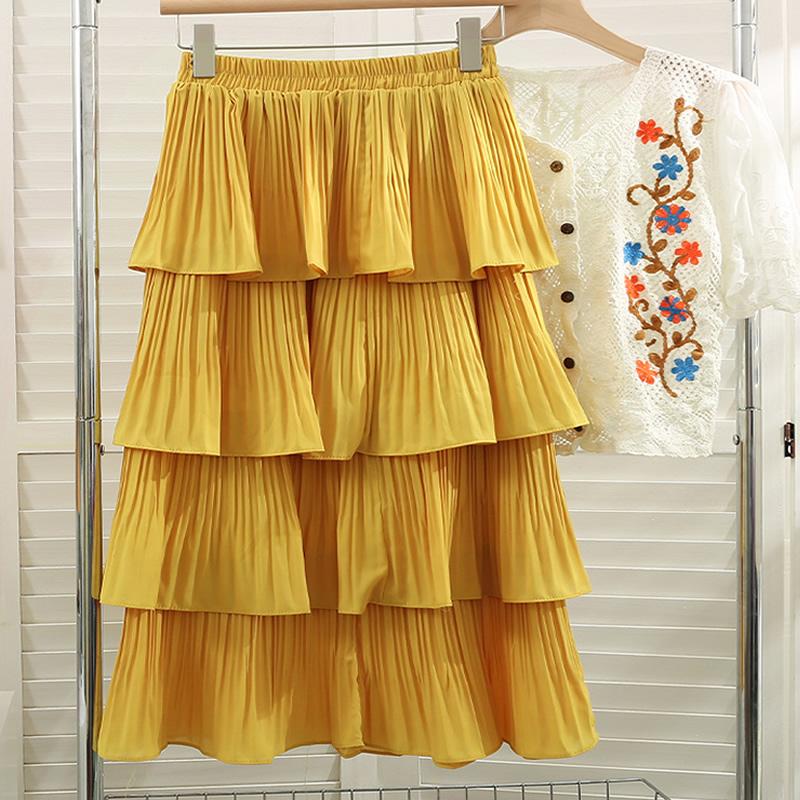 

Qooth/весенне-летние женские модные многослойные юбки с высокой талией, повседневная однотонная юбка-тортик QT1683 one size жёлтый