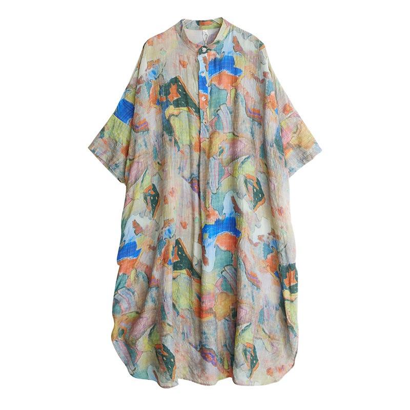 Real Shot Summer New Literary Large Size Loose Printing Stand-up Collar Seven-quarter Sleeve Dress Women's Long Dress