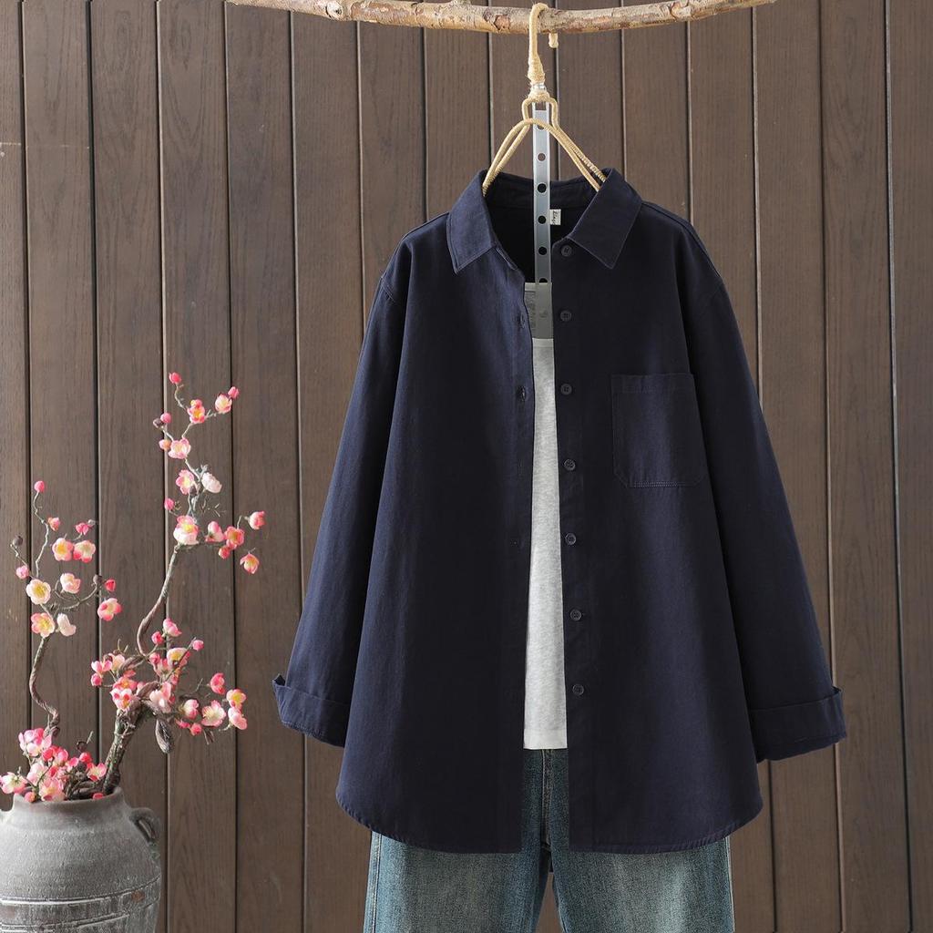 Women's Artistic Brushed Cotton Long-Sleeve Shirt, Autumn 2025 New Arrival, Loose Casual Mid-Length Top