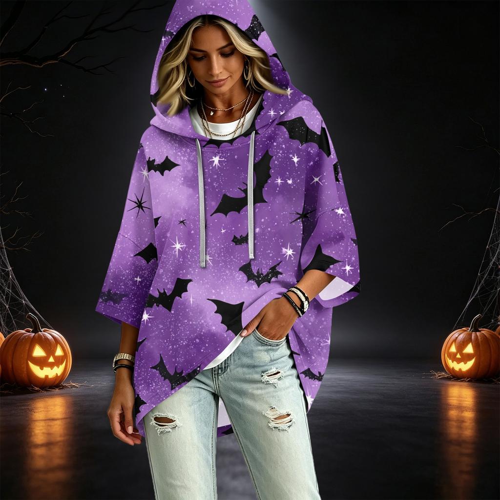Women's Halloween Print Hooded Pullover Top with 3/4 Sleeves