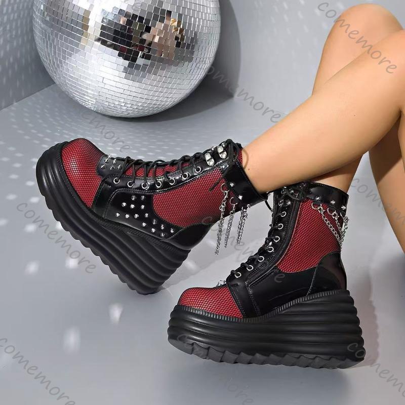 Comemore Women's Shoes Fashion Platform Boots Ladies Wedges High Heels Short Botines Round Head Mixed Color Chain Punk Botas