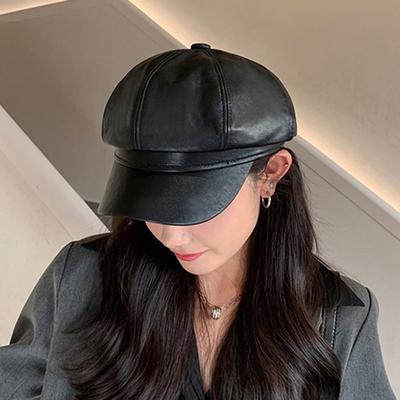 Four Seasons Retro Octagonal Hat Japanese Personality Female Spring and Autumn Solid Color Pu Leather Painter Hat Outdoor Street Warm Beret