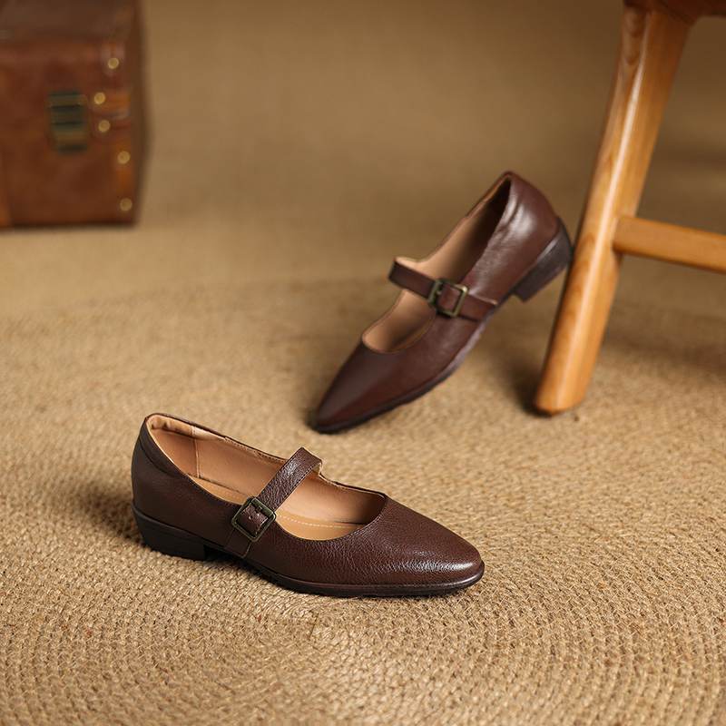 Krazing Pot Sheepskin Autumn Winter Shoes Buckle Straps Low Heels Mary Janes Size 40 Round Toe Brown Color Pumps