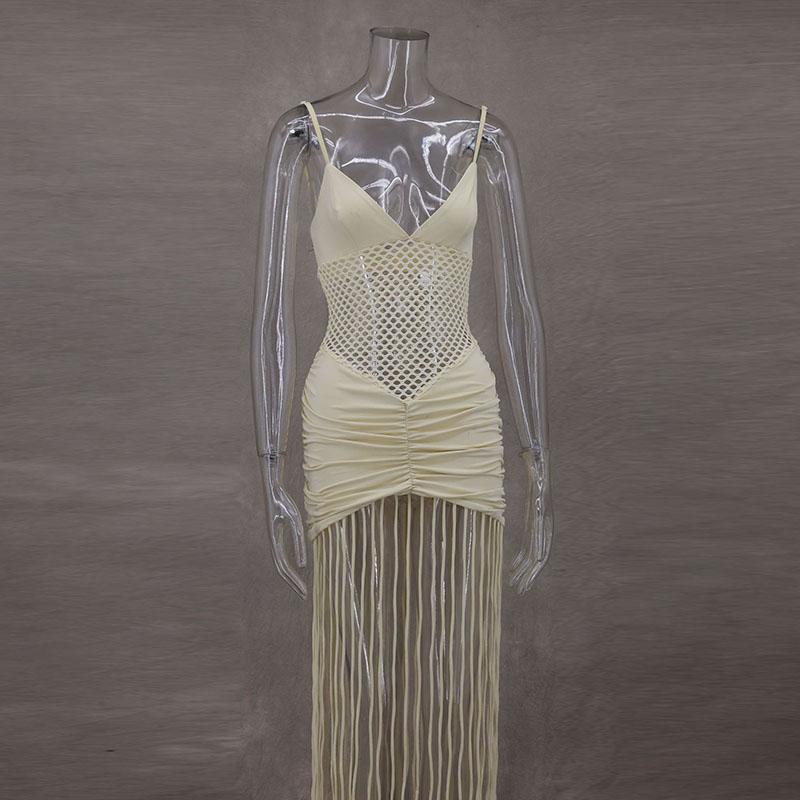 Hollow Out See-through Long Dress Women Holiday Tassels High Waist Sleeveless Strap Dresses Female Backless Evening Club  Robe