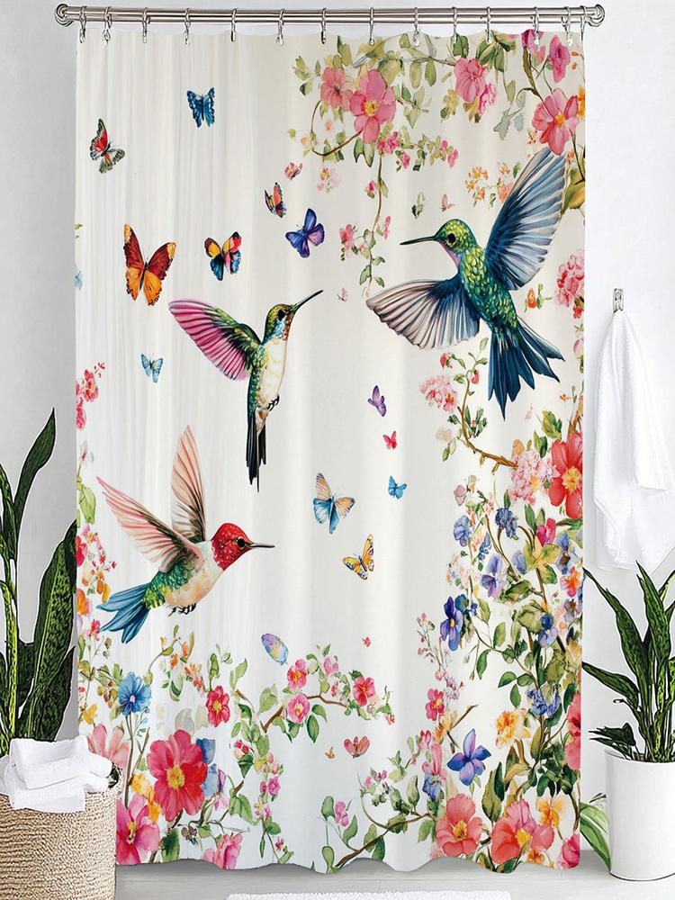 1pc Flowers Hummingbird Shower Curtain: Embrace the Artistic Design, Floral Bathroom Decorative Curtain, Home Curtain with Hooks