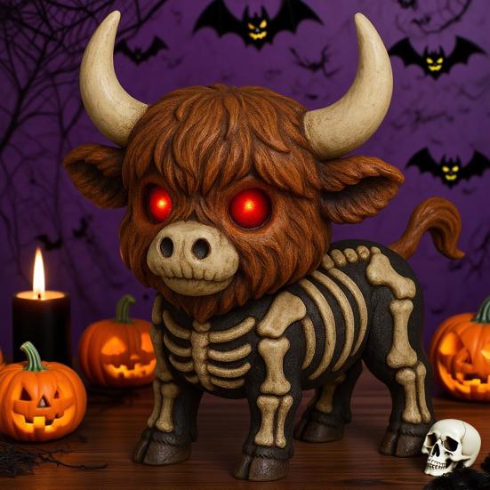 Fall Skeleton Highland Cow Spooky Highland Cow Figurine with Glowing Red Eyes Halloween Tabletop Resin Statue for Home Garden Office Table Decor
