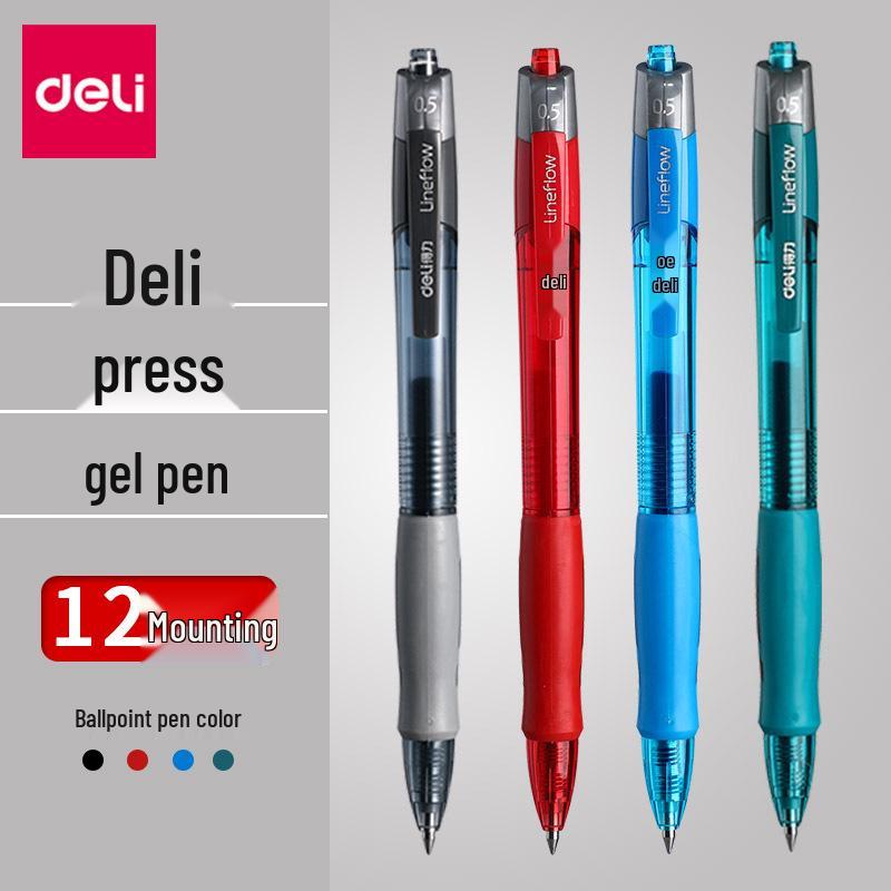 Deli Push-Button Gel Fountain Pen for Students - Exam-Ready, Press-Type, Bullet Tip, Carbon Black, Water-Based Sign Pen.