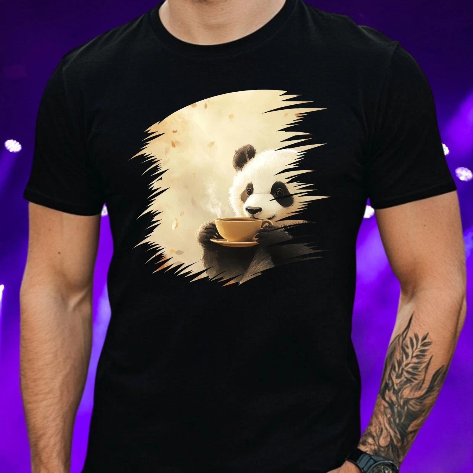 T-Shirt Herren Panda trinkt Kaffee Motiv Baumwolle Größe S bis 5XL XXL