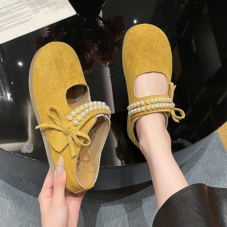 Retro Slippers New Summer Outer Wear Bow Beaded Round Head Flat Bottom Lazy One Pedal Slippers Women