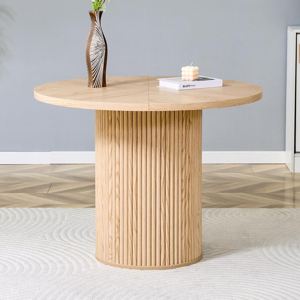 Round Dining Table Made of MDF (100 cm) for 4-6 People: Tabletop (4 Segments) in Light Wood Look, Cylindrical Legs with Metal Support & Velcro.