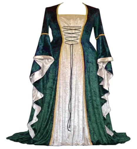 Halloween Women European Medieval Retro Court Cosplay Costume Long Dress Elegant Witch Square Collar Masquerade Wear S зелёный