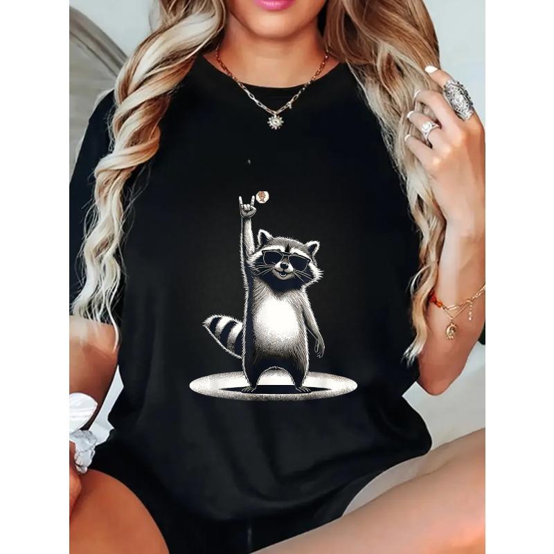Oversized T Shirt Black Raccoon With Sunglasses And Peace Sign Print Casual Streetwear For Women