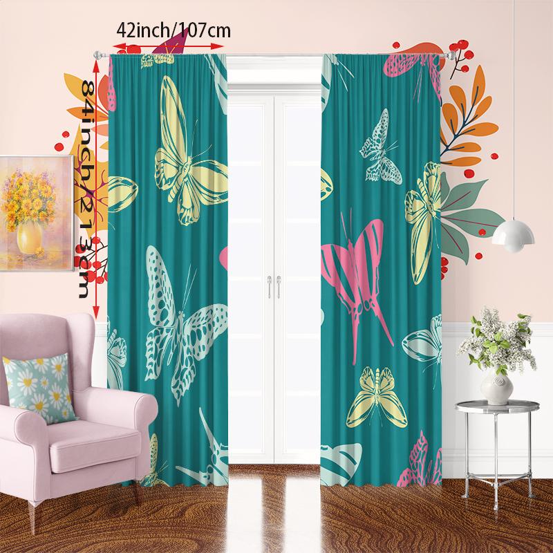 2PCS- Colorful Butterfly - Printed Curtain - Polyester Material - Suitable for Bedroom, Living Room, Study Private Space
