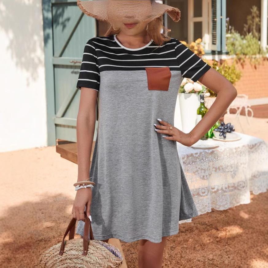 

Женское летнее платье с коротким рукавом, круглым вырезом, в полоску, с принтом, свободного кроя, цельное XL