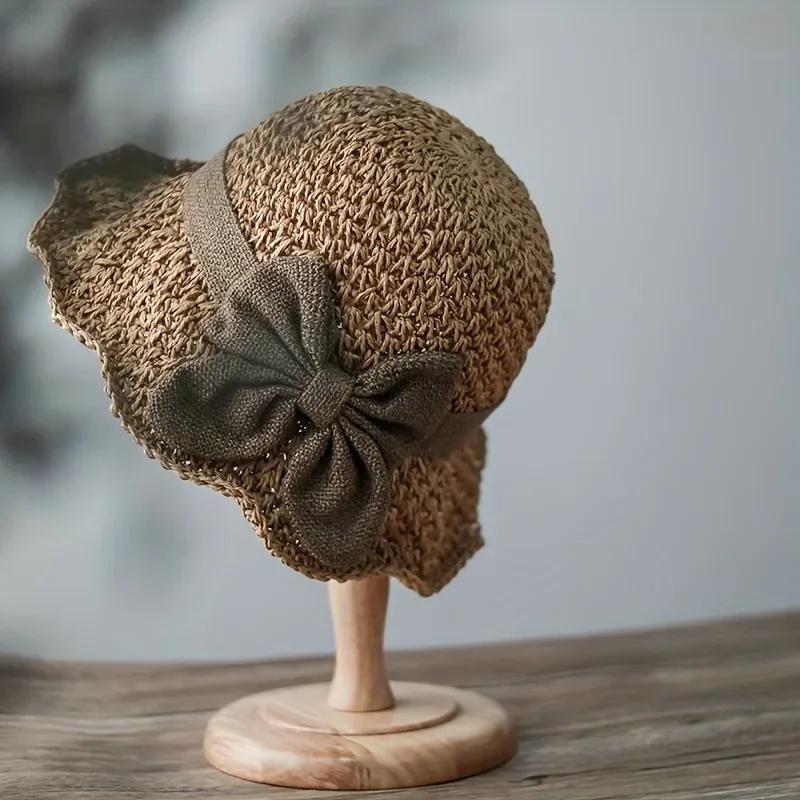 1pcs Elegant Sun Hat - Hand Woven with Vintage Ruffles and Bow, Foldable Travel Beach Hat