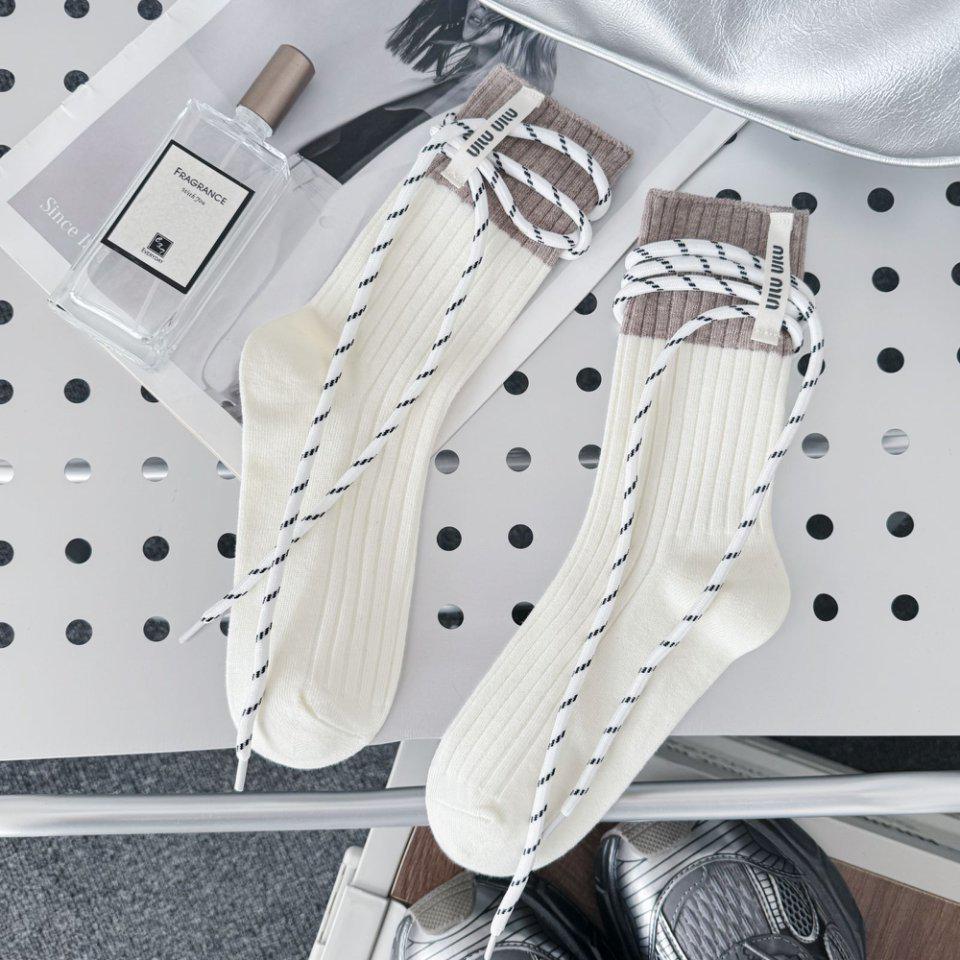Autumn Lace-Up Mid-Calf Color Block Socks with Stylish Leather Shoes.