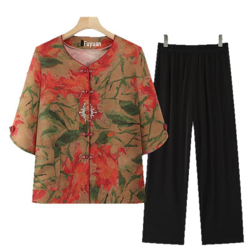 Grandma's Summer Embroidered Two-Piece Set: Age-Reducing Short-Sleeve Top & Casual Pants for Middle-Aged and Elderly Women