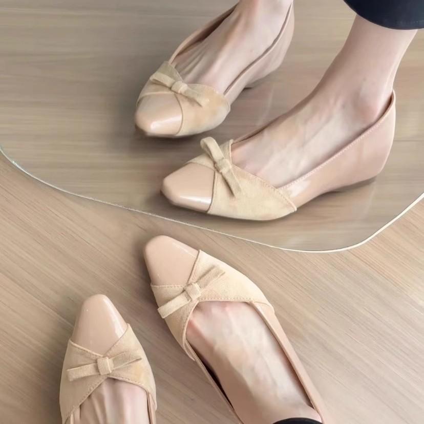 Sheepskin inner height increase 5cm nude bow patent leather single shoes femininity one pedal commuter shoes Mary Jane women's shoes