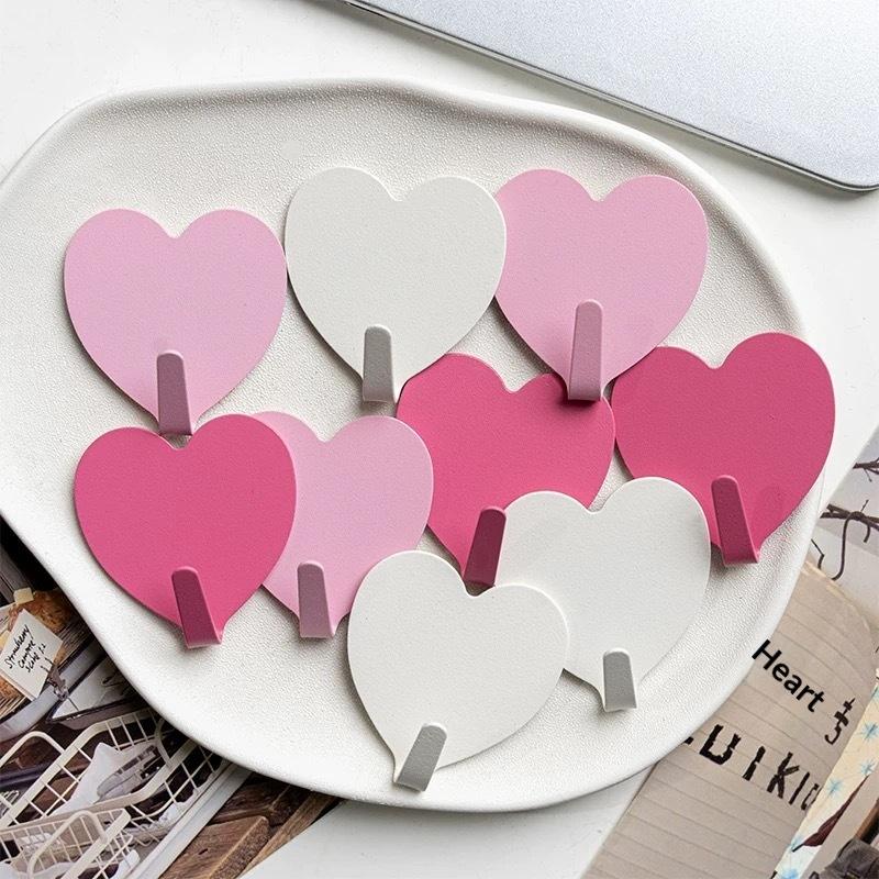 5Pcs Self Adhesive Wall Clothes Towels Hanger Pink Heart Shape Hook Stainless Steel Sticky Key Hooks Child Cute Room Decor Hook