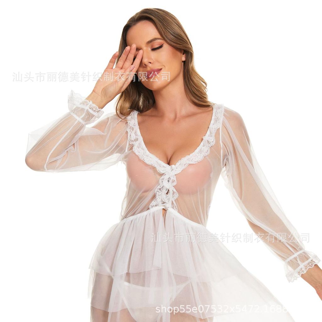European and American women's perspective pajamas lace transparent mesh nightgown bride wedding sexy nightgown