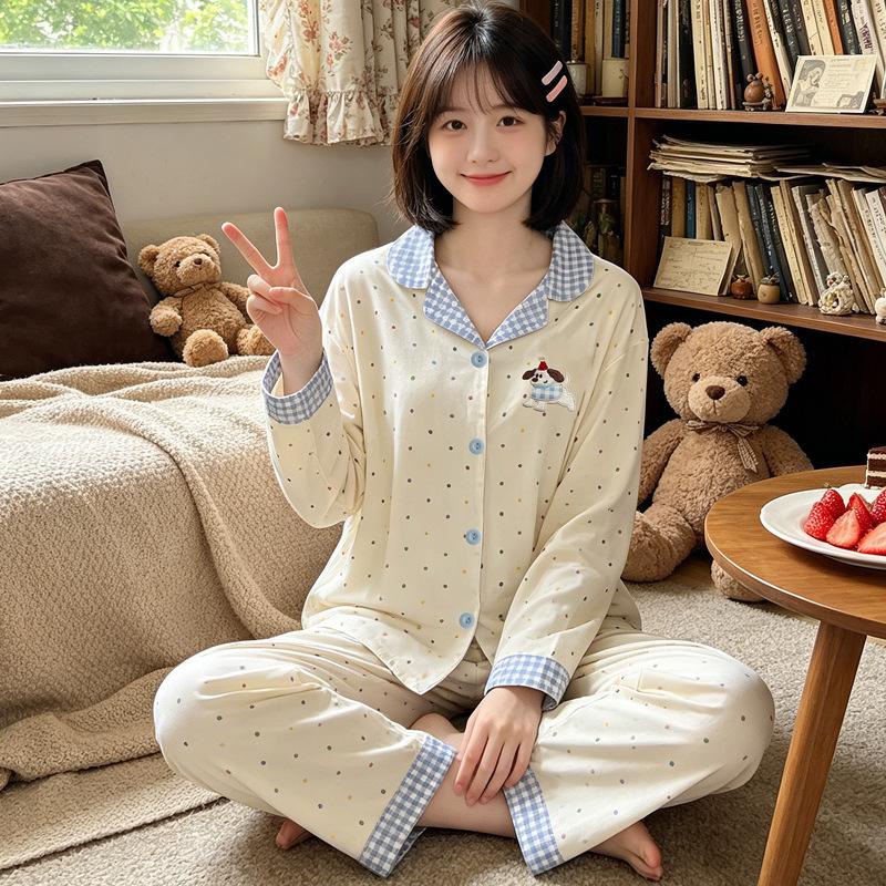 Natal year pajamas women's spring and autumn new imitation cotton long-sleeved red cute cartoon loungewear two-piece set