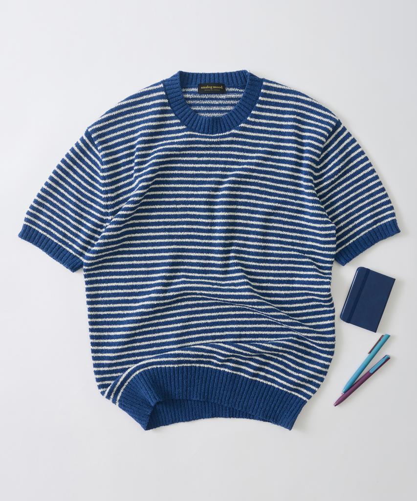 ANALOG MOOD Marine Stripe Round Short Sleeve Knit (Blue)