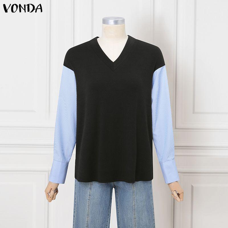 

VONDA Women V Neck Long Sleeve Rib Splice Striped Casual Blouse S