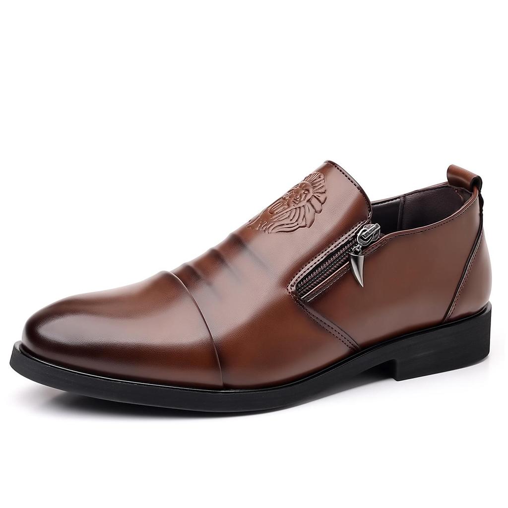 Men's Autumn/Winter Business Casual Leather Shoes with Lion Head Zipper – High & Low Top, Pointed Style