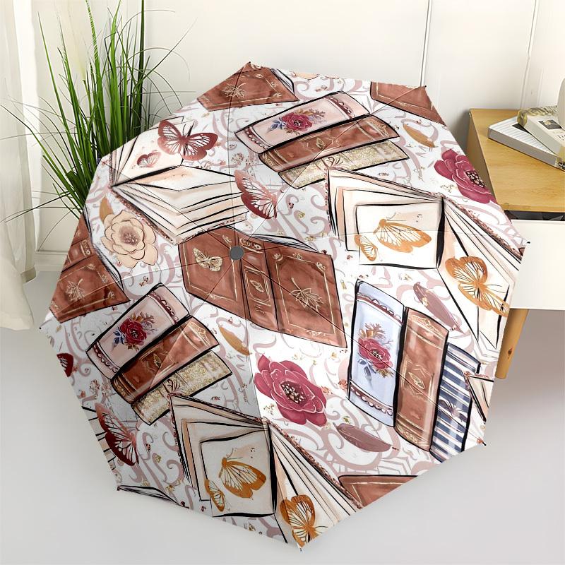 1pc Vintage Books and Butterflies Umbrella with Plastic Handle,Cartoon Pattern,Suitable for All Seasons Multi-functional Umbrella322