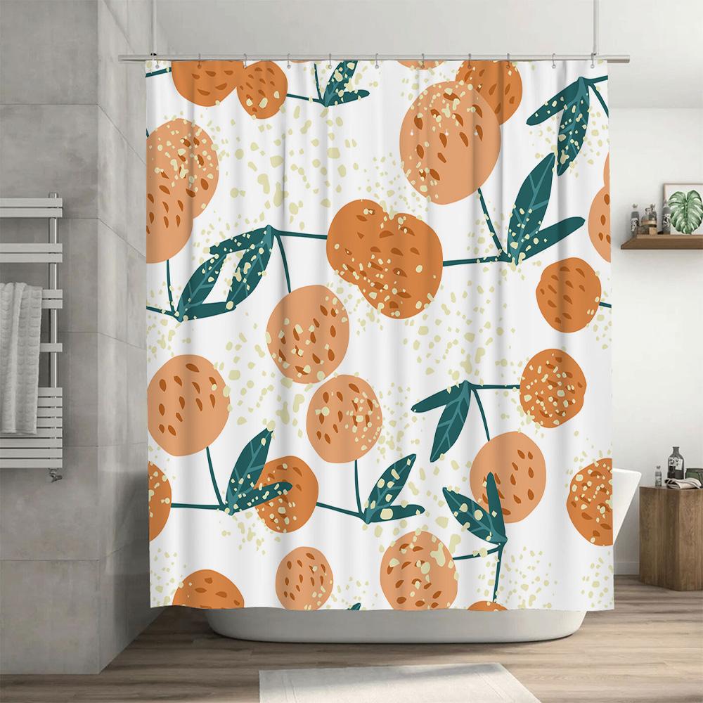 Modern Bath Shower Curtain With Orange Cherry Fruit Design, White Polyester Fabric For Bathroom Decoration Green Leaf Pattern